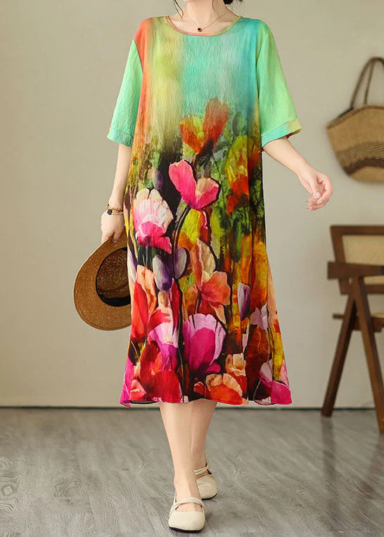 Beautiful Colorblock O Neck Print Patchwork Cotton Dress Summer - Image 3