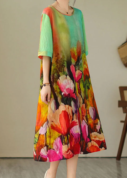 Beautiful Colorblock O Neck Print Patchwork Cotton Dress Summer - Image 4