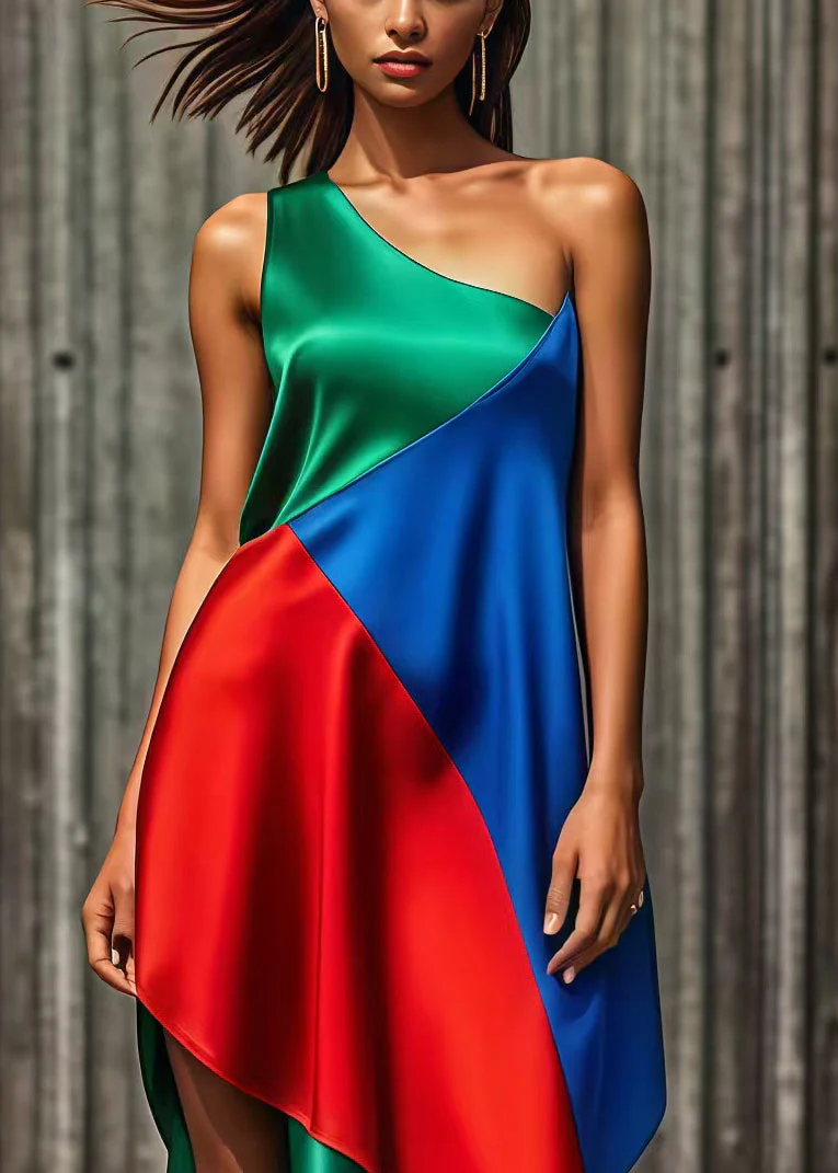 Beautiful Colorblock One Shoulder Asymmetrical Patchwork Silk Holiday Dress Summer - Image 2