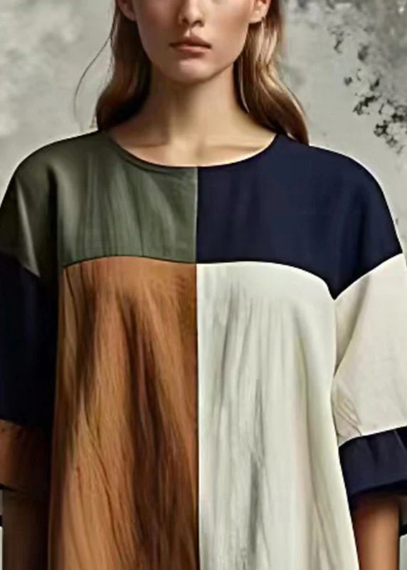 Beautiful Colorblock Oversized Patchwork Cotton Dresses Flare Sleeve - Image 3