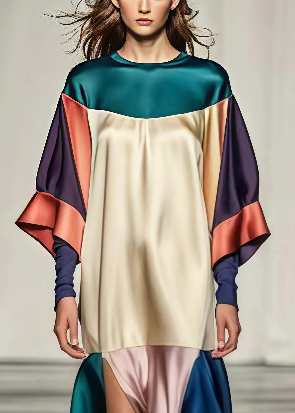 Beautiful Colorblock Oversized Patchwork Side Open Silk Dress Summer - Image 3