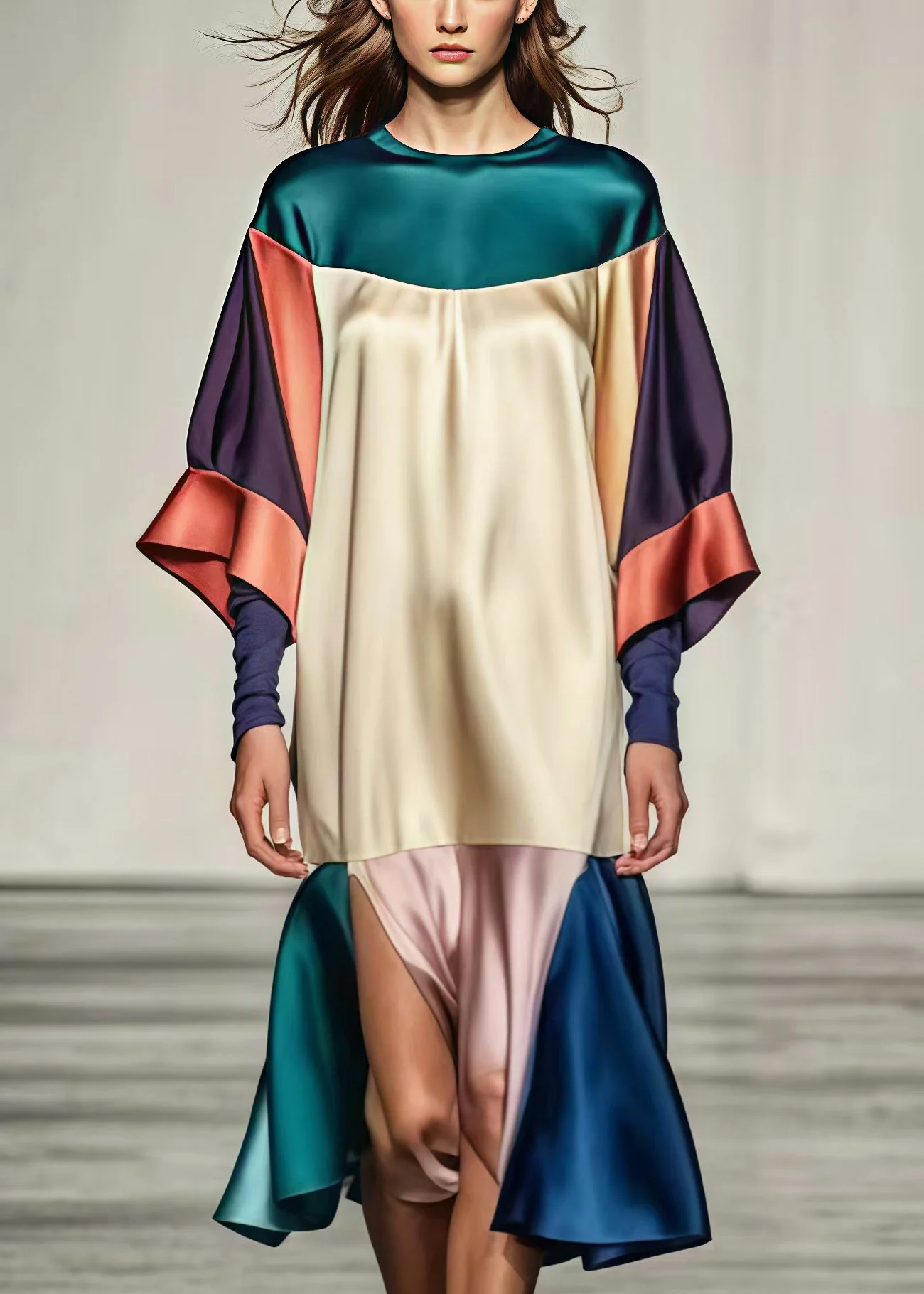 Beautiful Colorblock Oversized Patchwork Side Open Silk Dress Summer - Image 4