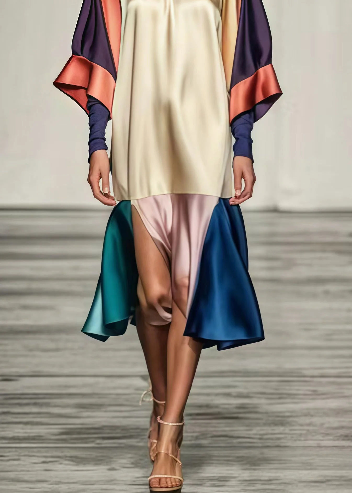 Beautiful Colorblock Oversized Patchwork Side Open Silk Dress Summer - Image 5