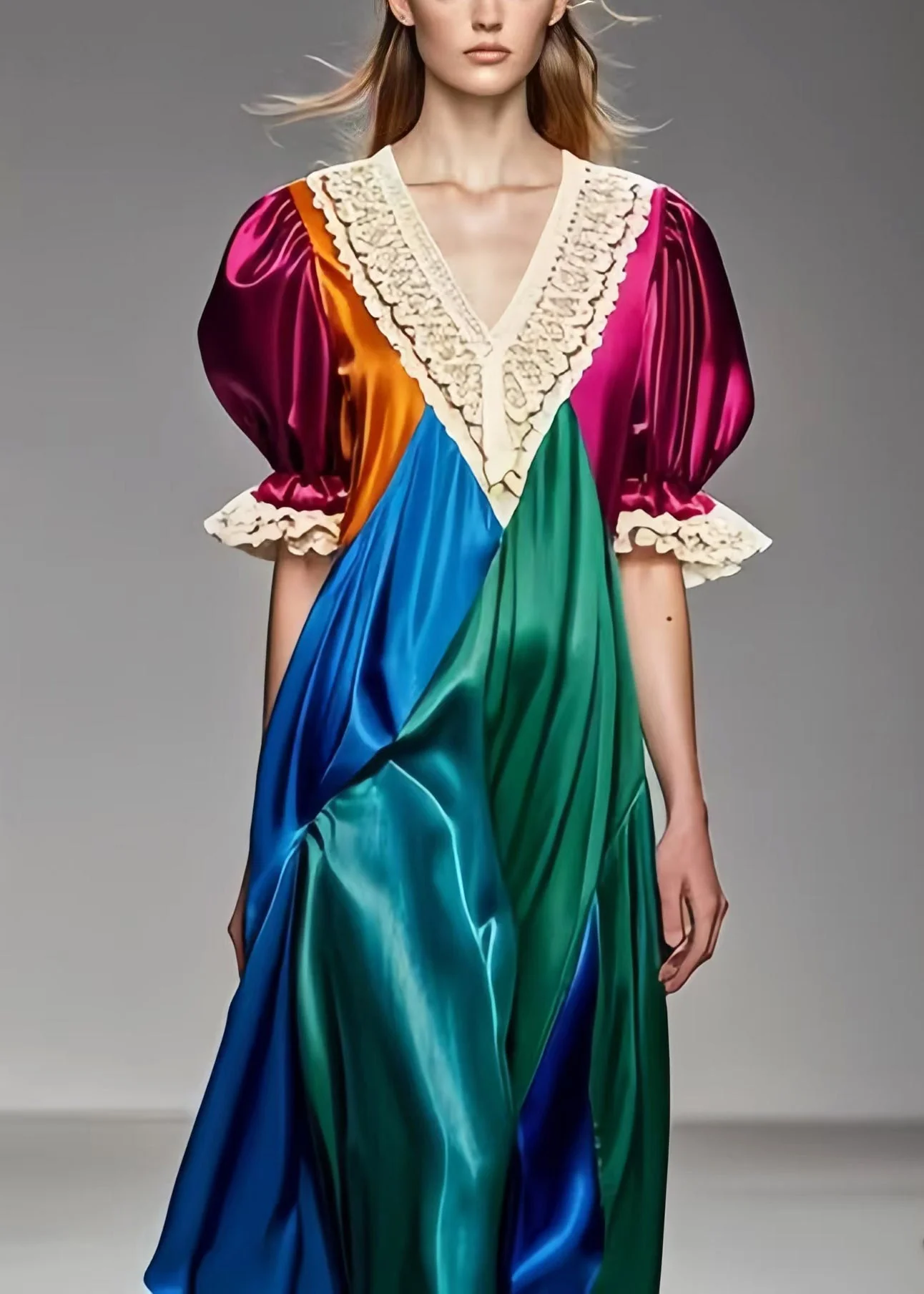 Beautiful Colorblock Puff Sleeve Patchwork Silk Dress Summer - Image 2