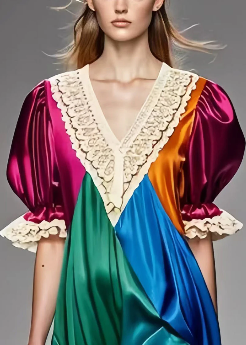 Beautiful Colorblock Puff Sleeve Patchwork Silk Dress Summer - Image 3