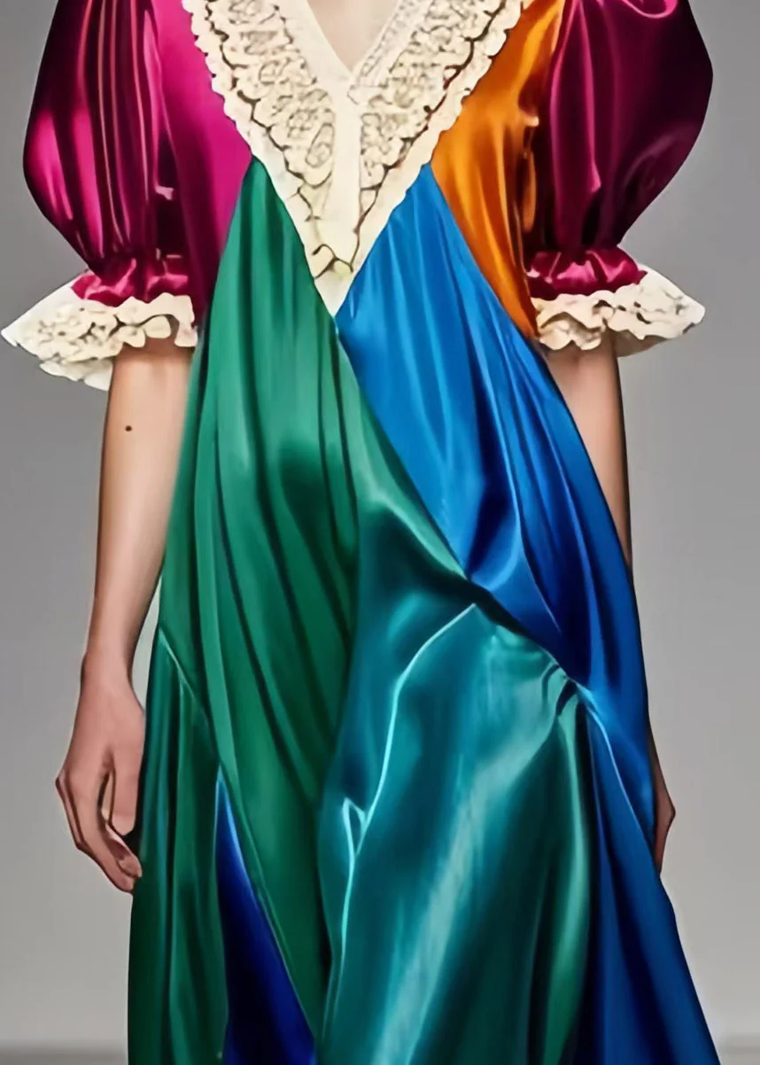 Beautiful Colorblock Puff Sleeve Patchwork Silk Dress Summer - Image 4