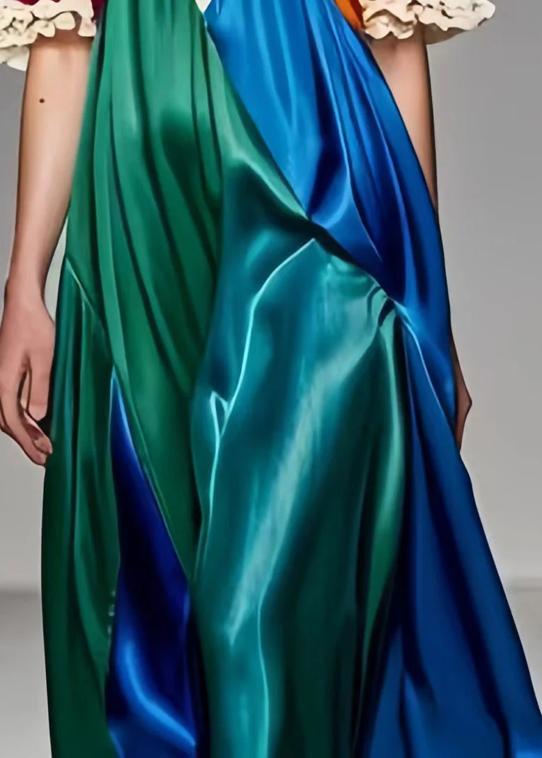 Beautiful Colorblock Puff Sleeve Patchwork Silk Dress Summer - Image 5