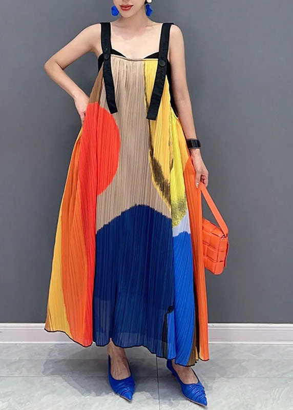 Beautiful Colorblock Slash Neck Wrinkled Maxi Dress Sleeveless - Image 2