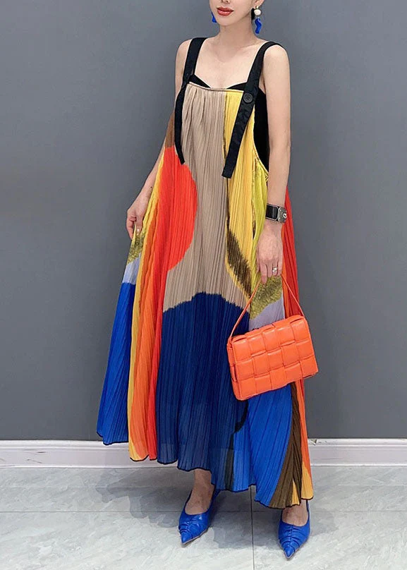 Beautiful Colorblock Slash Neck Wrinkled Maxi Dress Sleeveless - Image 3