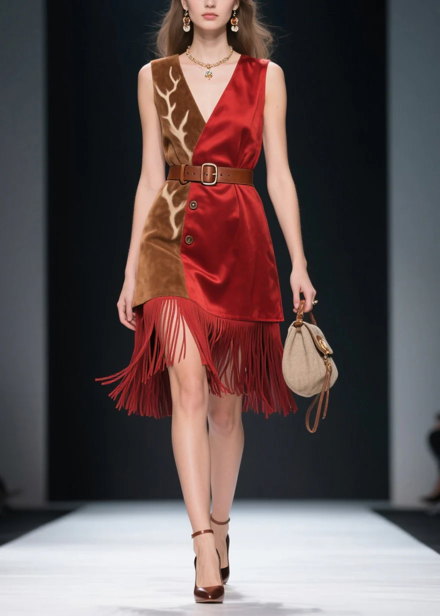 Beautiful Colorblock Tassel Patchwork Velvet Dresses Sleeveless - Image 3