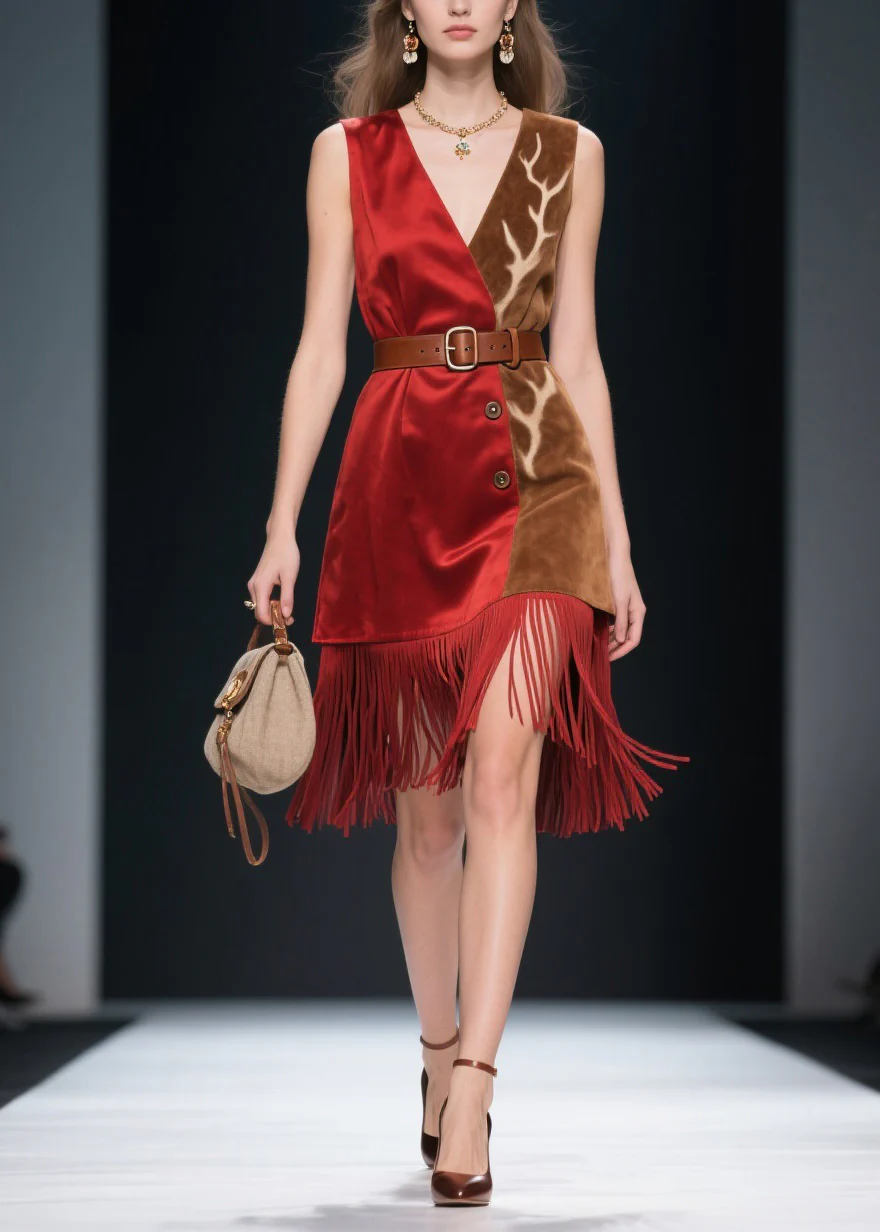 Beautiful Colorblock Tassel Patchwork Velvet Dresses Sleeveless - Image 5