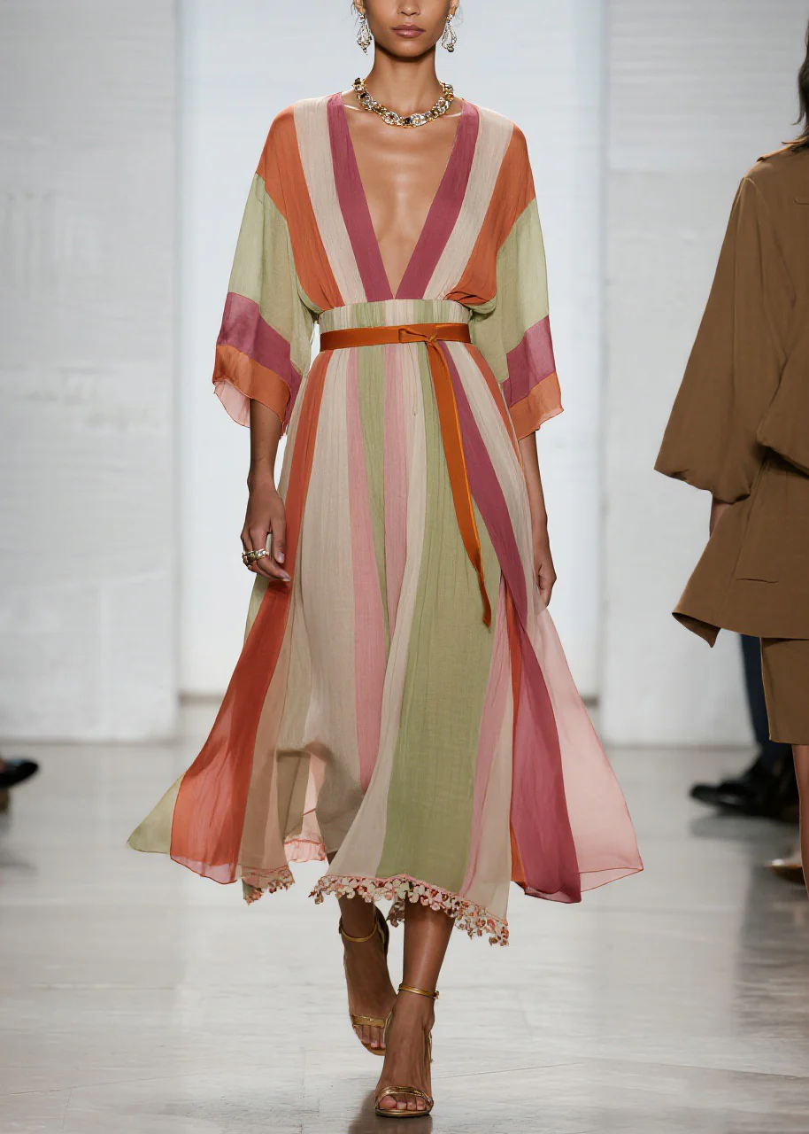 Beautiful Colorblock V Neck Patchwork Cotton Long Dresses Summer