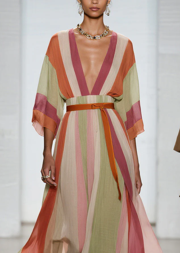 Beautiful Colorblock V Neck Patchwork Cotton Long Dresses Summer - Image 2