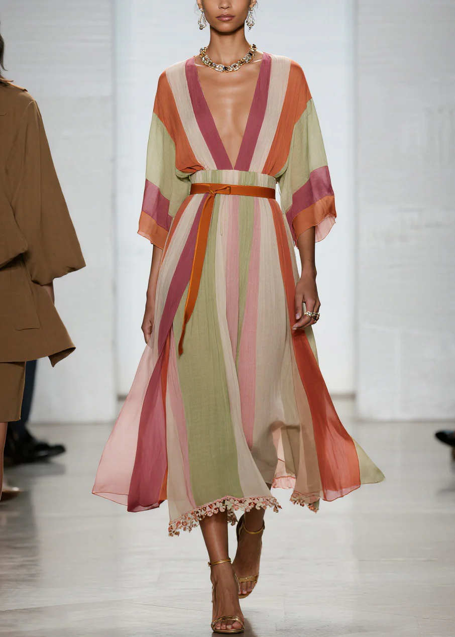 Beautiful Colorblock V Neck Patchwork Cotton Long Dresses Summer - Image 3