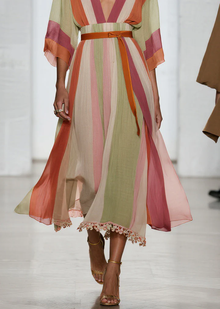 Beautiful Colorblock V Neck Patchwork Cotton Long Dresses Summer - Image 4