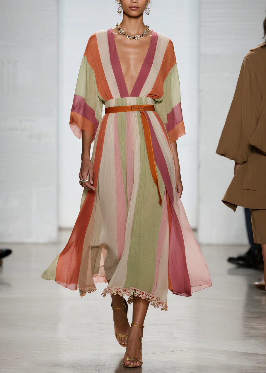 Beautiful Colorblock V Neck Patchwork Cotton Long Dresses Summer - Image 5