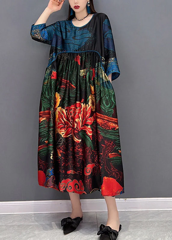 Beautiful Cyan O-Neck Print Silk Dress Three Quarter Sleeve - Image 2