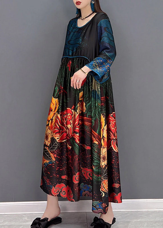 Beautiful Cyan O-Neck Print Silk Dress Three Quarter Sleeve - Image 3