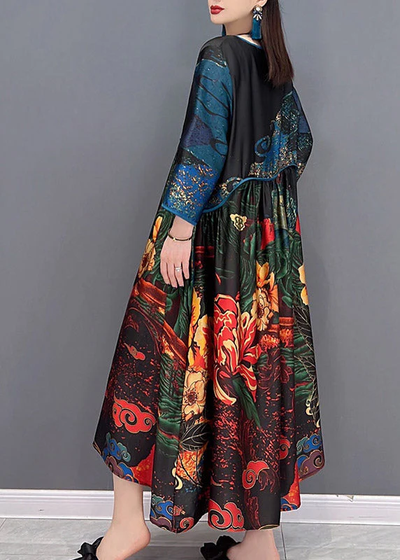 Beautiful Cyan O-Neck Print Silk Dress Three Quarter Sleeve - Image 4