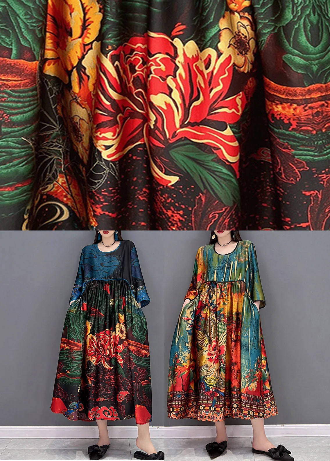 Beautiful Cyan O-Neck Print Silk Dress Three Quarter Sleeve - Image 5