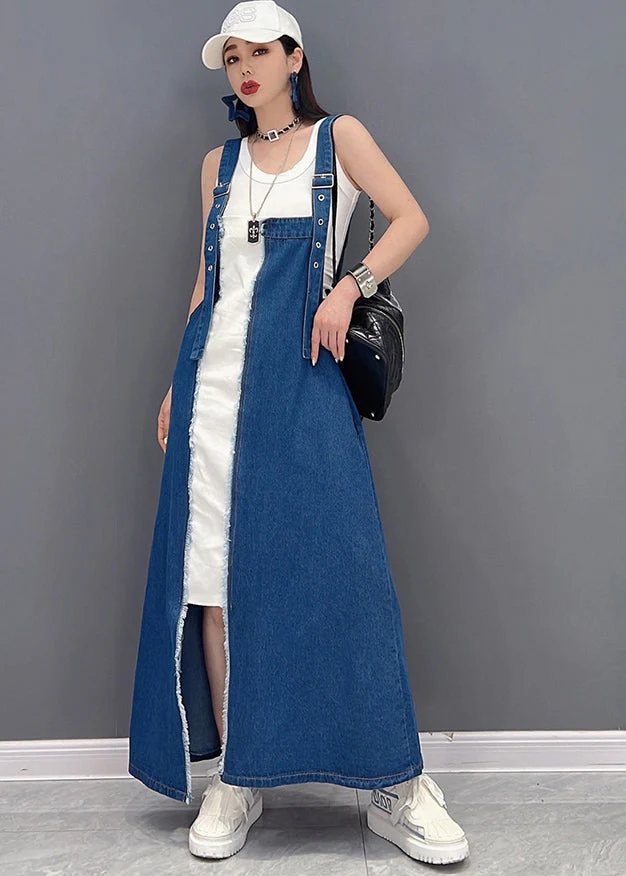 Beautiful Denim Blue Asymmetrical Design Patchwork Cotton Fake Two Piece Strap Dress Summer - Image 2