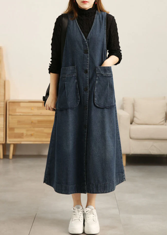 Beautiful Denim Blue V Neck Patchwork Pockets Cotton A Line Dress Sleeveless - Image 2