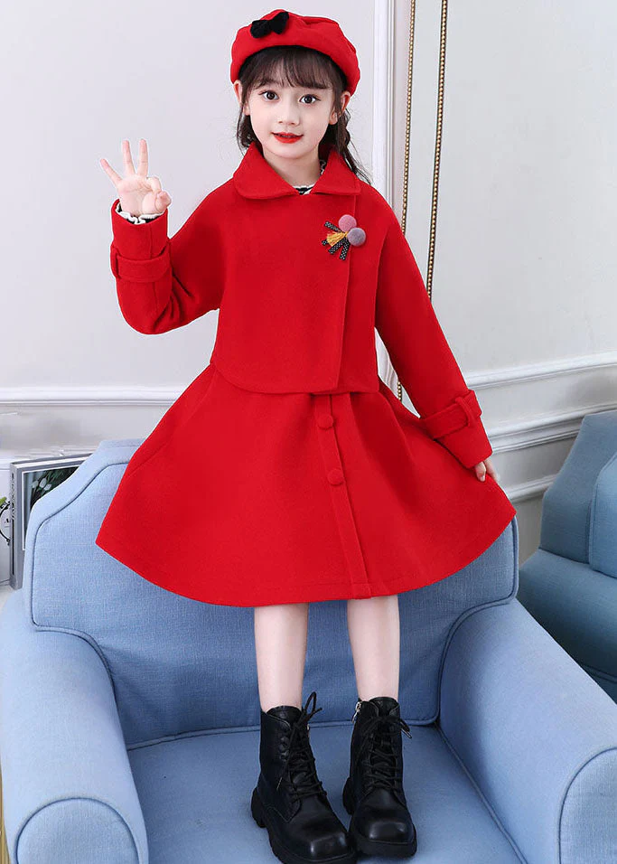 Beautiful Dousha Red Peter Pan Collar Coats And Dress Cotton Kids Two Pieces Set Long Sleeve - Image 2