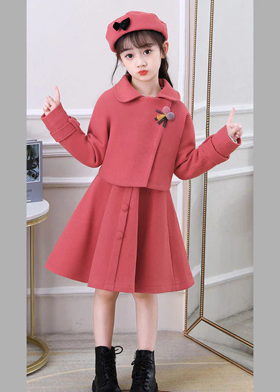 Beautiful Dousha Red Peter Pan Collar Coats And Dress Cotton Kids Two Pieces Set Long Sleeve - Image 3