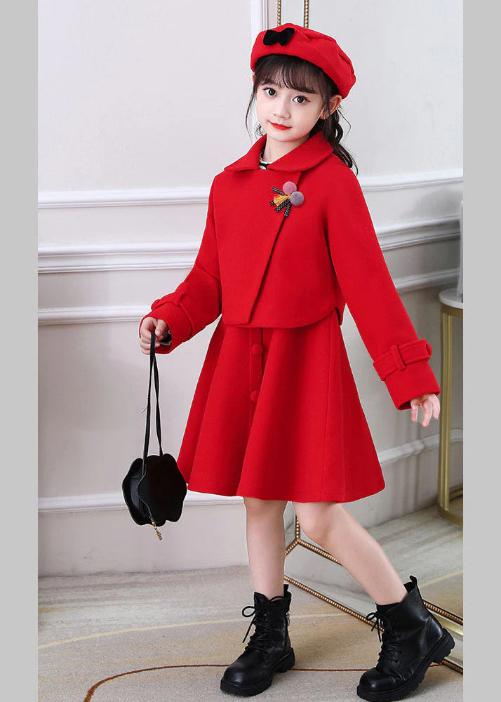 Beautiful Dousha Red Peter Pan Collar Coats And Dress Cotton Kids Two Pieces Set Long Sleeve - Image 4