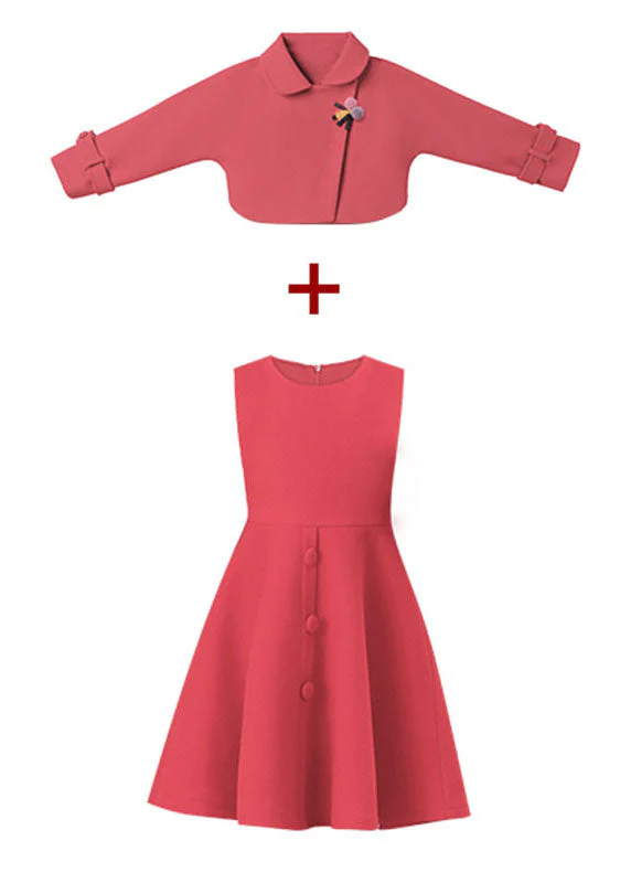 Beautiful Dousha Red Peter Pan Collar Coats And Dress Cotton Kids Two Pieces Set Long Sleeve - Image 5
