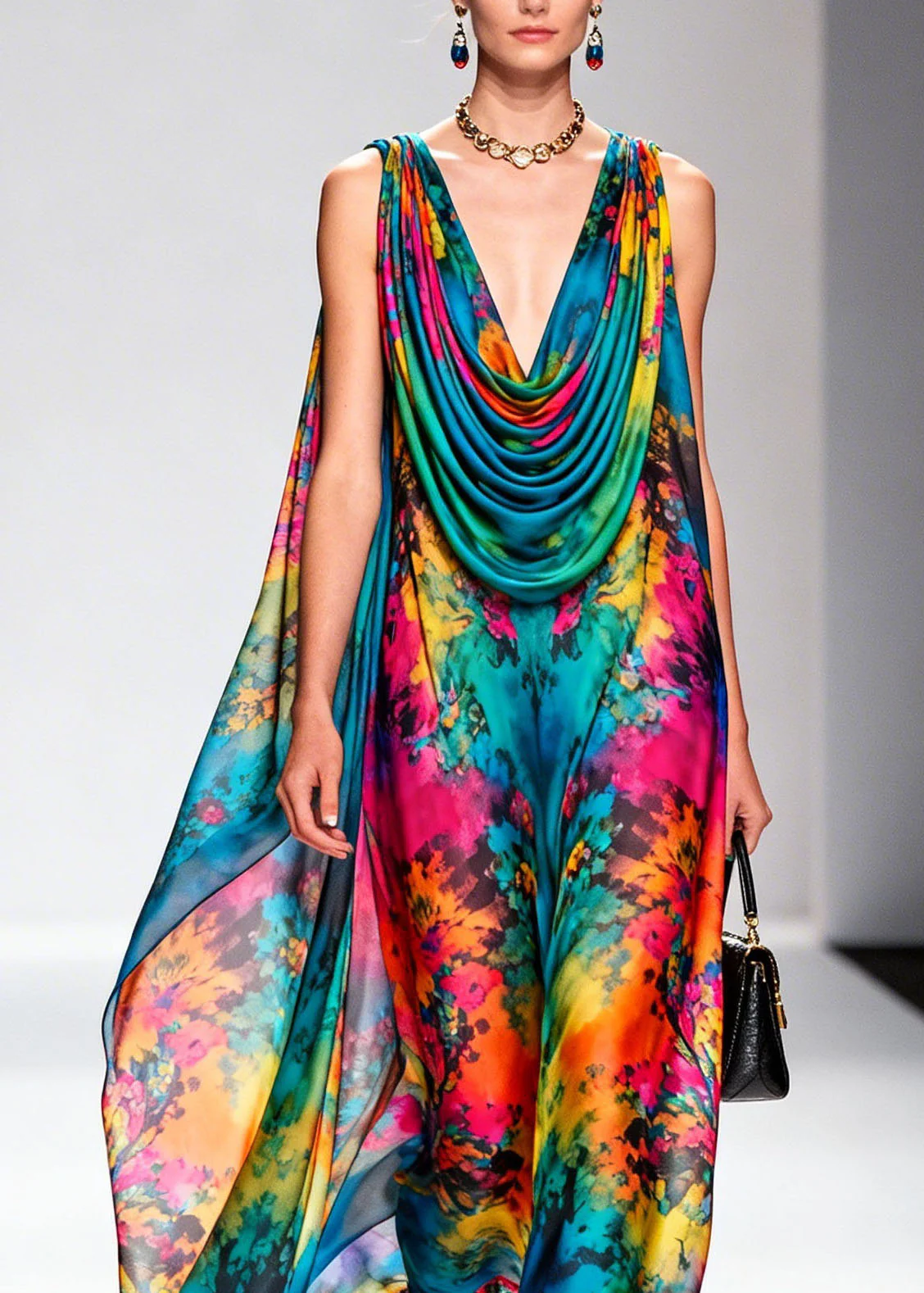 Beautiful Draped Neckline Print Floral Chiffon Dress Sleeveless - Image 2