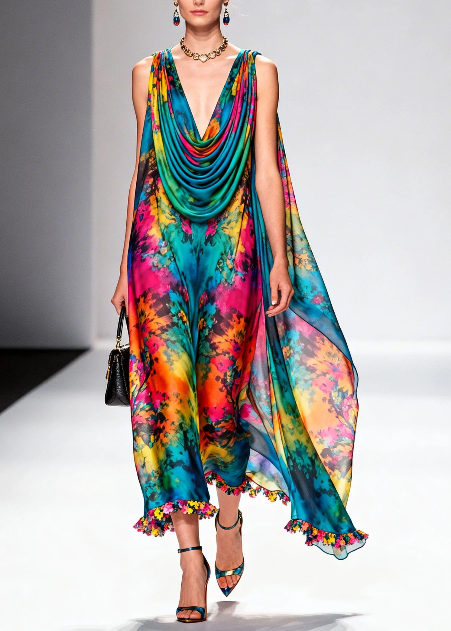 Beautiful Draped Neckline Print Floral Chiffon Dress Sleeveless - Image 3