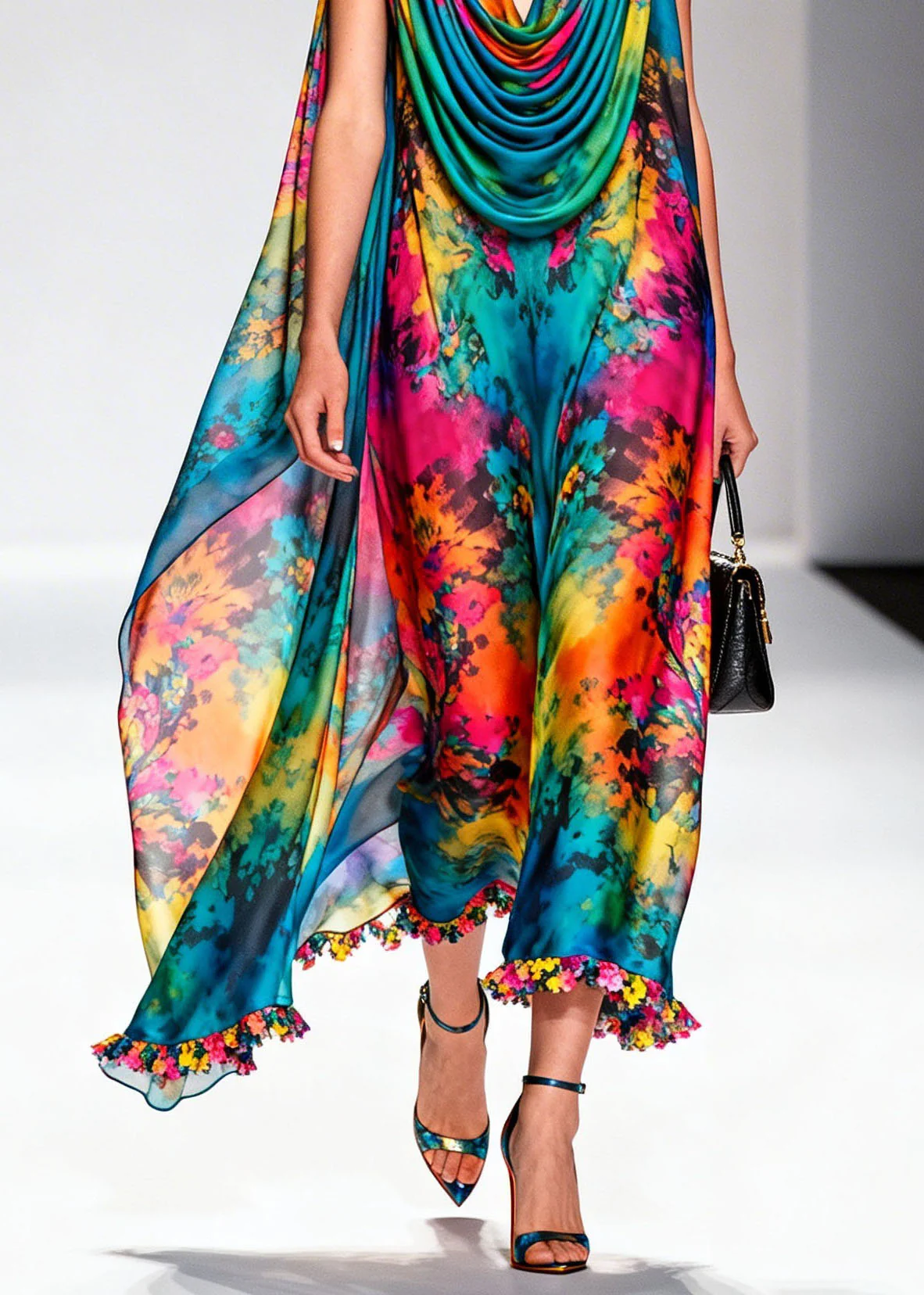 Beautiful Draped Neckline Print Floral Chiffon Dress Sleeveless - Image 4