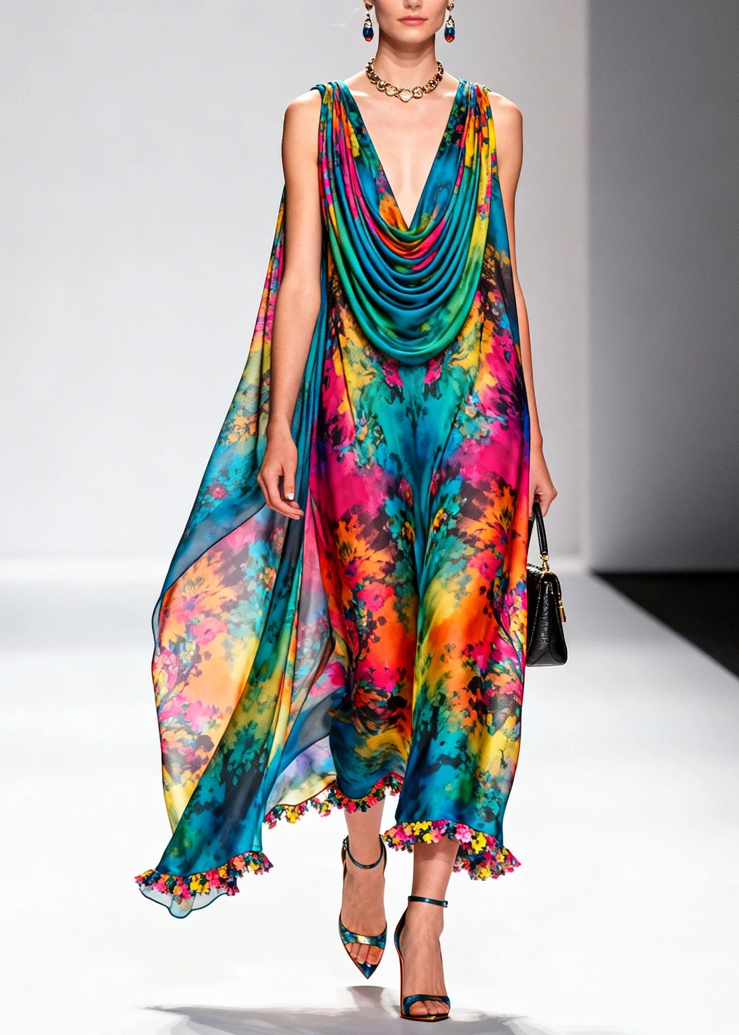 Beautiful Draped Neckline Print Floral Chiffon Dress Sleeveless - Image 5