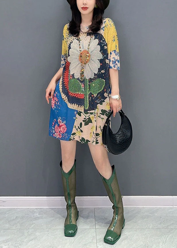 Beautiful Floral O Neck Print Patchwork Cotton Mid Dress Summer - Image 2