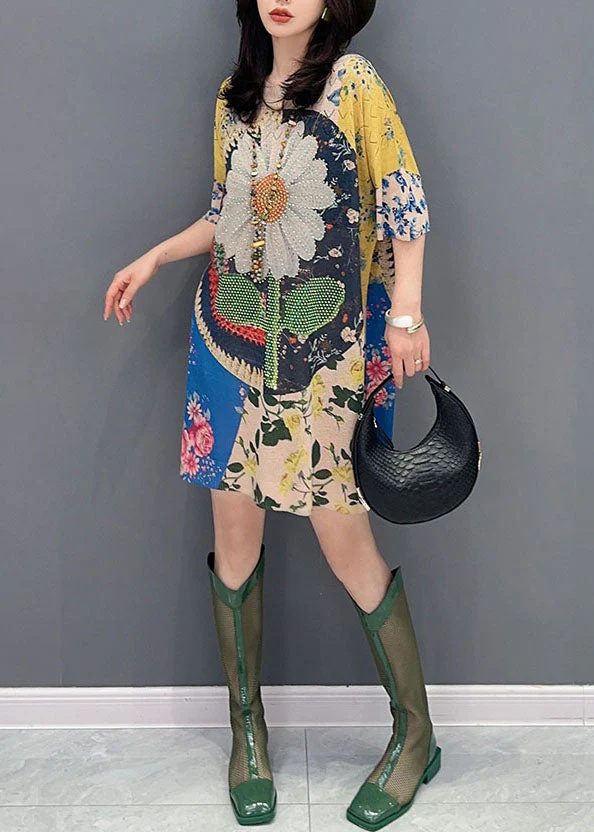 Beautiful Floral O Neck Print Patchwork Cotton Mid Dress Summer - Image 3