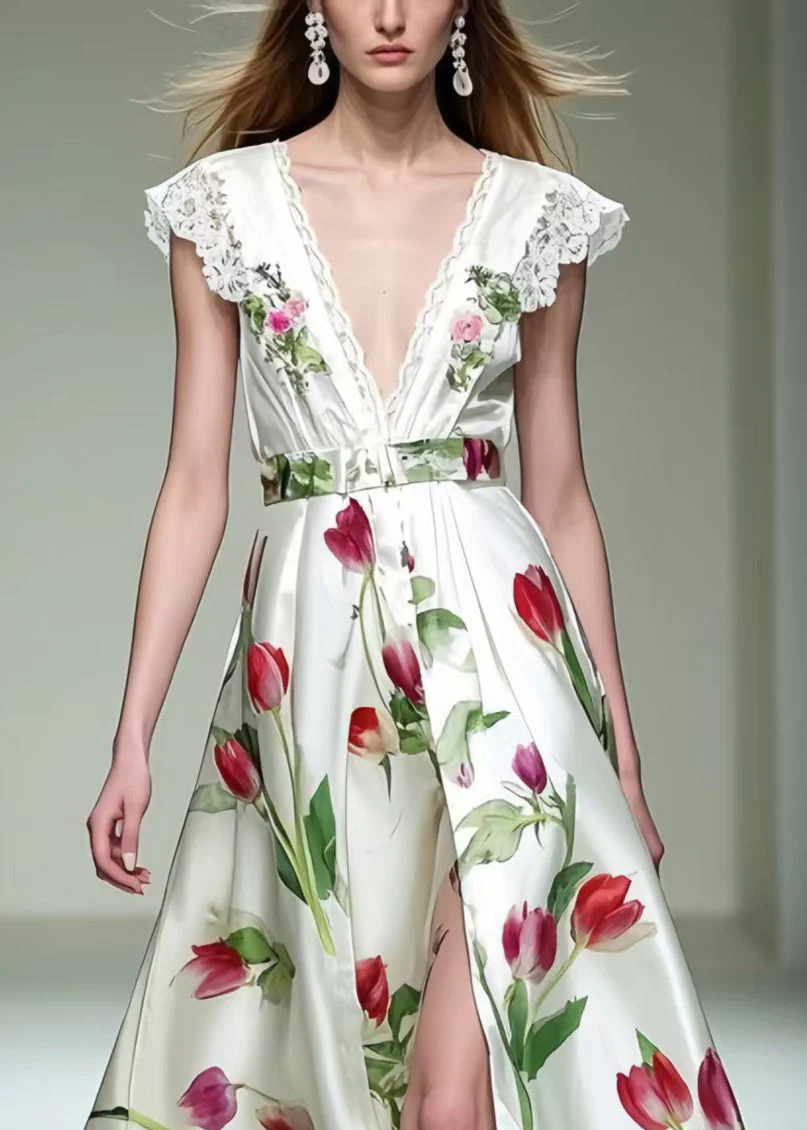 Beautiful Floral Side Open Silk Dresses Exra Large Hem Sleeveless - Image 2