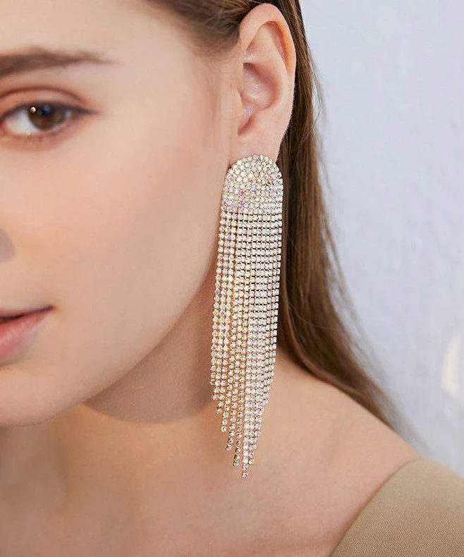 Beautiful Gold Zircon Tassels Silver Drop Earrings - Image 2