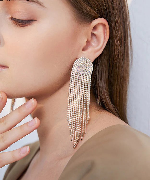 Beautiful Gold Zircon Tassels Silver Drop Earrings - Image 3