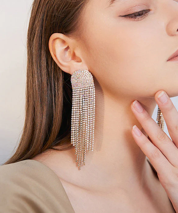 Beautiful Gold Zircon Tassels Silver Drop Earrings - Image 4