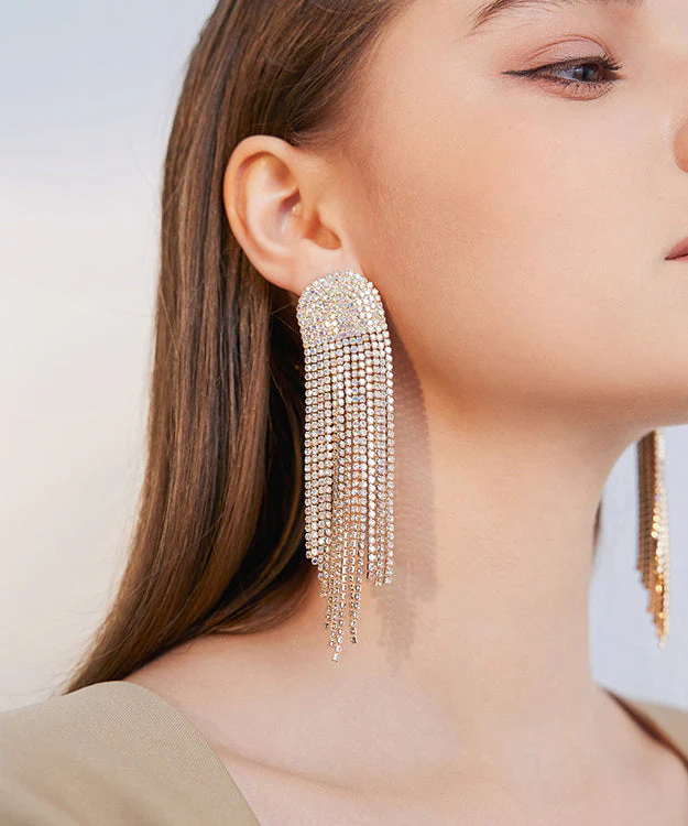 Beautiful Gold Zircon Tassels Silver Drop Earrings - Image 5