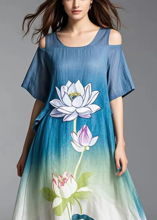 Beautiful Gradient Color Cold Shoulder Lotus Print Cotton Dress Summer - Image 2