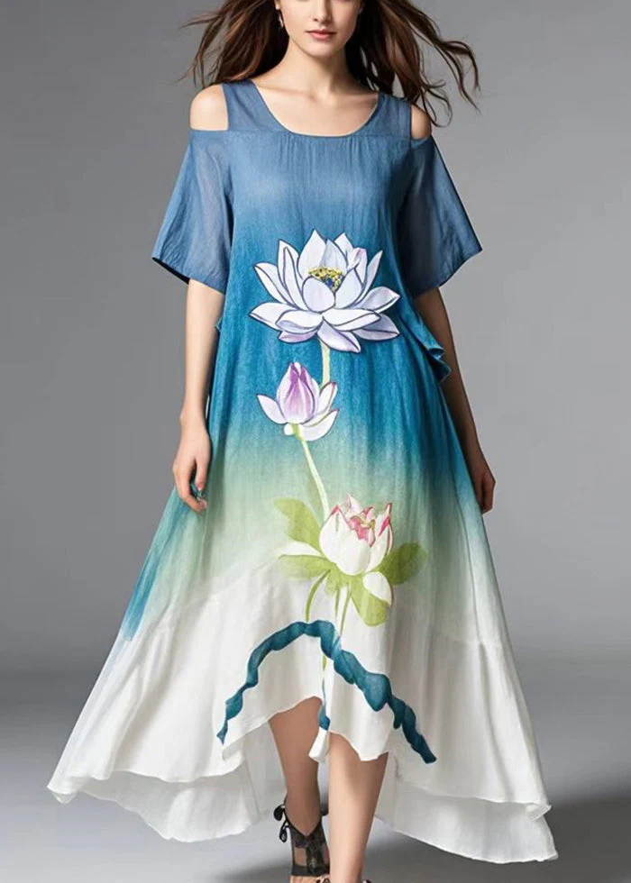 Beautiful Gradient Color Cold Shoulder Lotus Print Cotton Dress Summer - Image 3