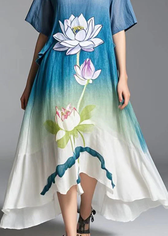 Beautiful Gradient Color Cold Shoulder Lotus Print Cotton Dress Summer - Image 4