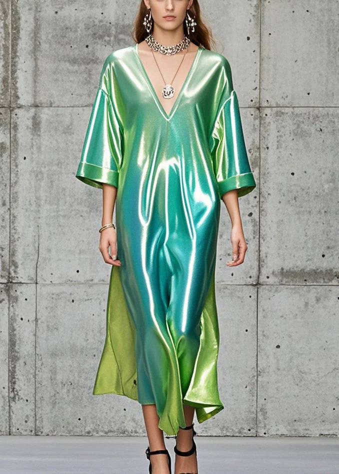 Beautiful Gradient Color V Neck Side Open Silk Dress Summer - Image 3
