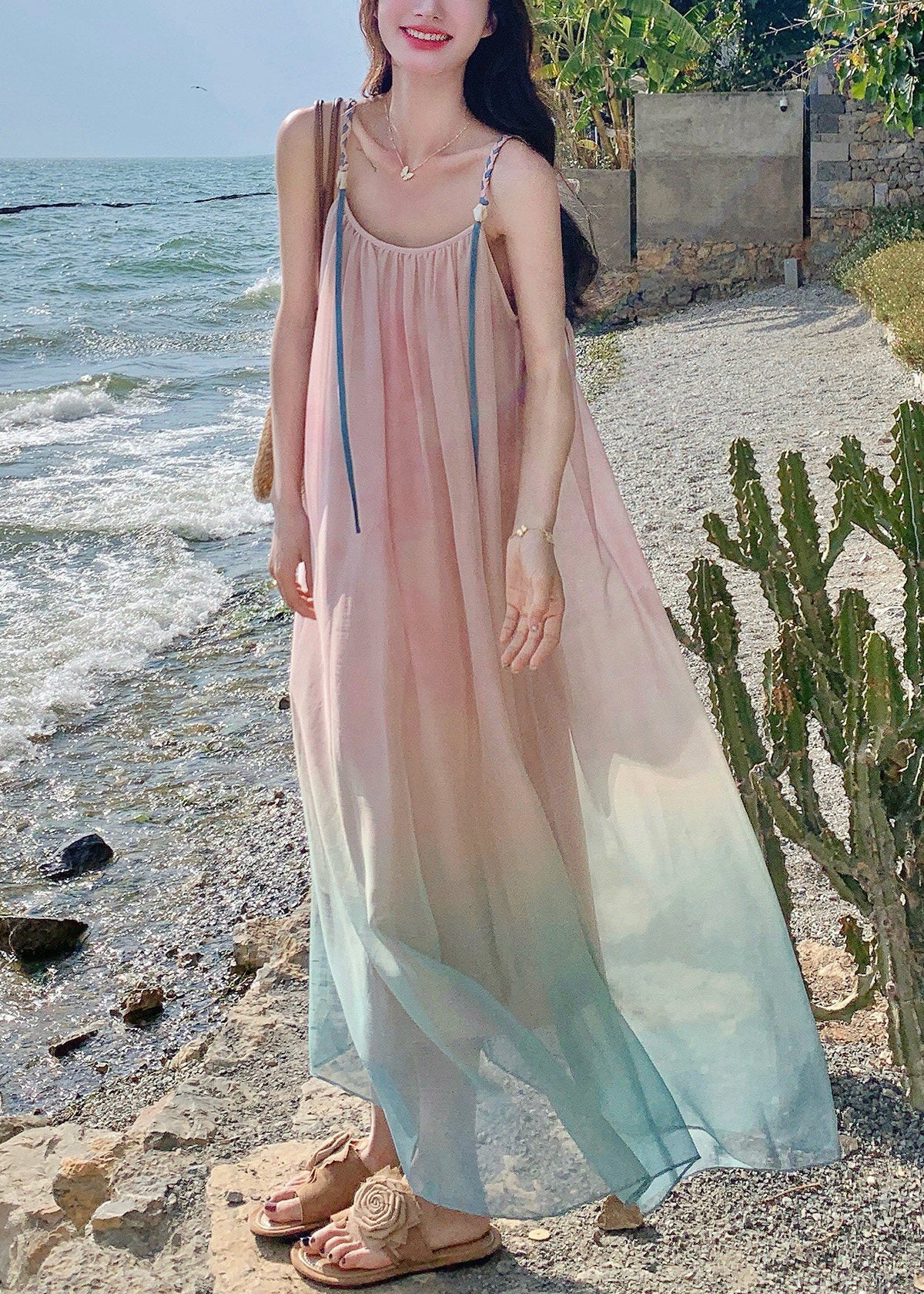Beautiful Gradient Pink Draping Chiffon Sundress Summer - Image 4