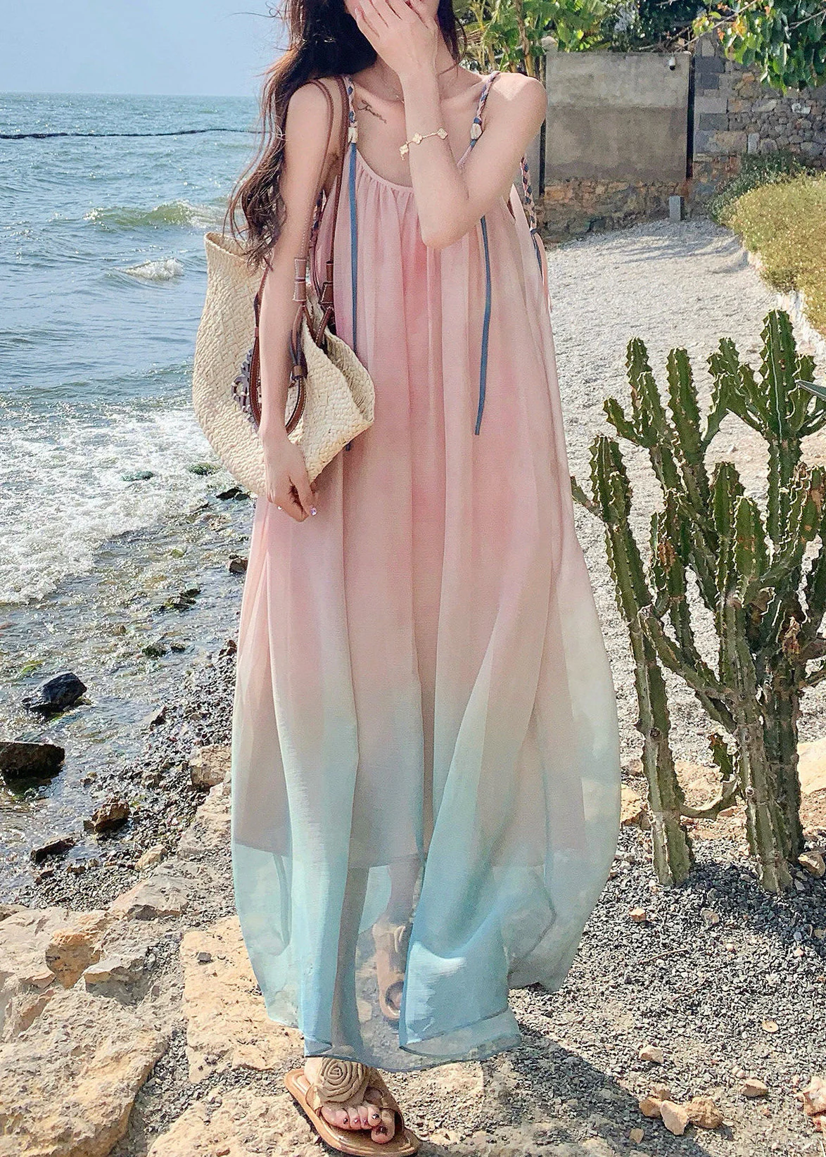 Beautiful Gradient Pink Draping Chiffon Sundress Summer - Image 5