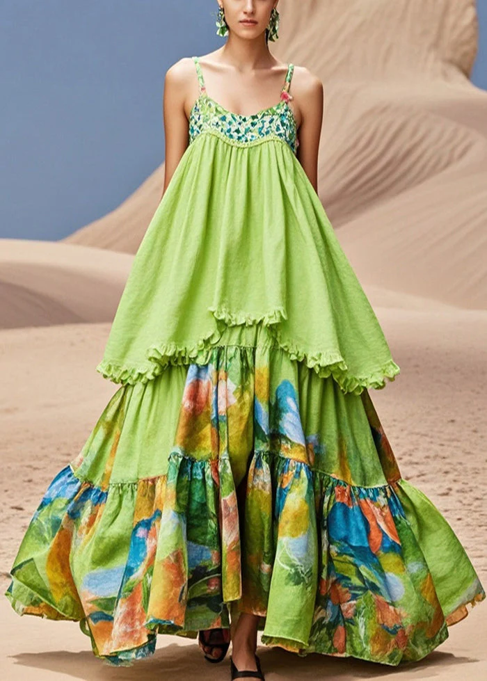 Beautiful Grass Green Print Exra Large Hem Cotton Spaghetti Strap Dress Summer - Image 3