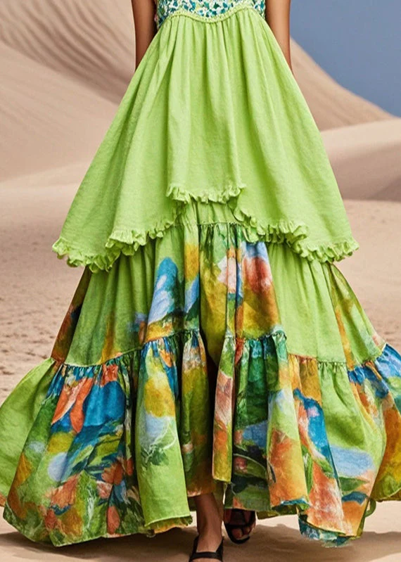 Beautiful Grass Green Print Exra Large Hem Cotton Spaghetti Strap Dress Summer - Image 4