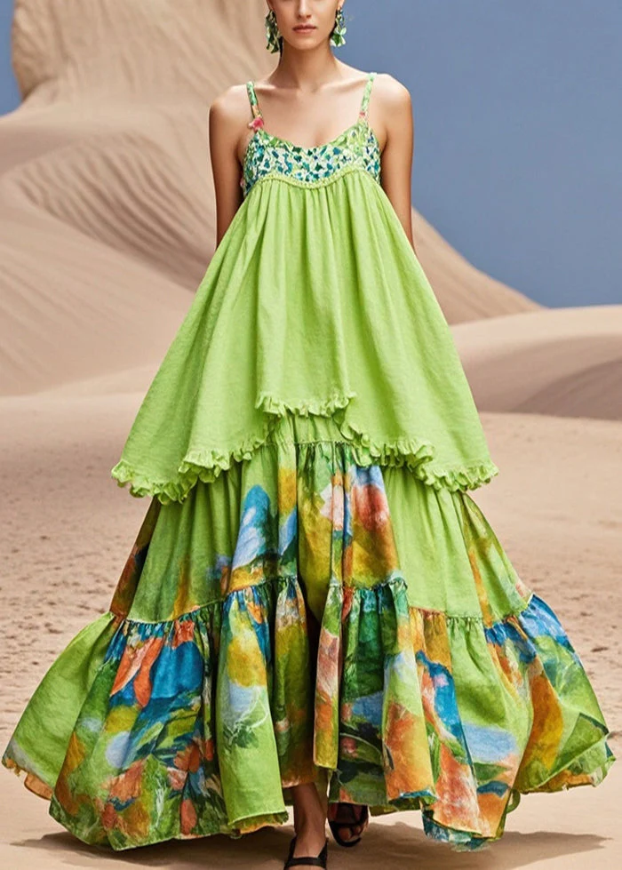 Beautiful Grass Green Print Exra Large Hem Cotton Spaghetti Strap Dress Summer - Image 5